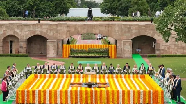 PM Modi with world leaders at the Mahatma Gandhi memorial on the sidelines of the G20 summit in Delhi on September 10, 2023