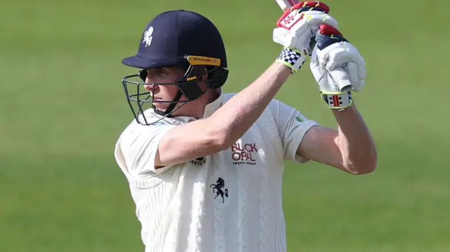 England's Zak Crawley was within 13 runs of beating his own personal best score for Kent when he was out for 158 - to a stunning caught and bowled from Calvin Harrison