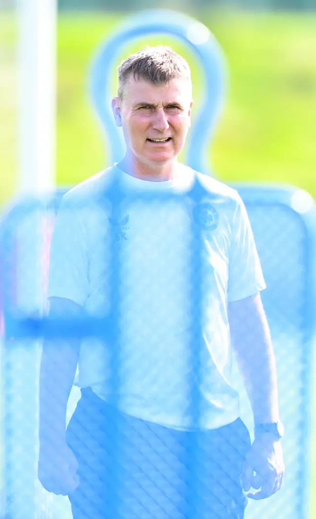 Stephen Kenny looks into the camera during Saturday's training session ahead of tonight's match against Netherlands