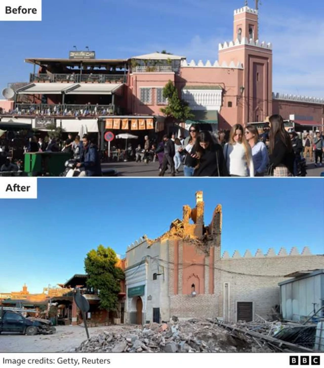 A before and after shot of the facade of the Jemaa el-Fna mosque, damaged by the earthquake