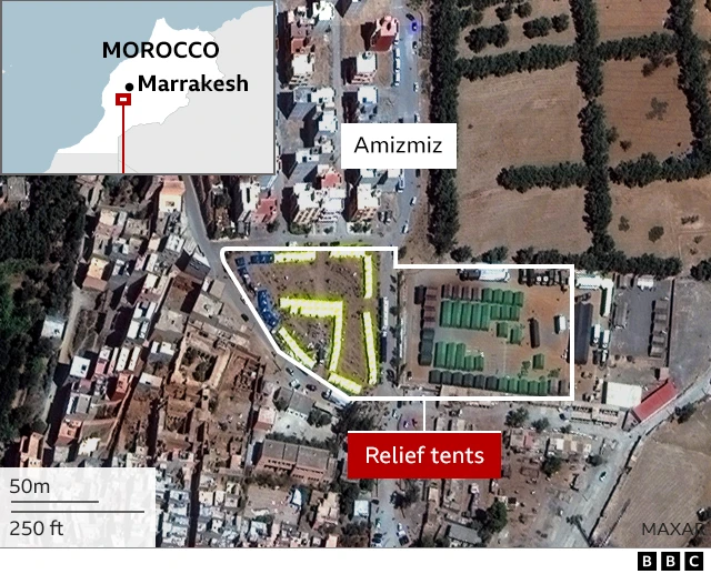 Relief tents have been set up on sports fields and parks for those affected by the quake in Amizmiz, near Marrakesh.