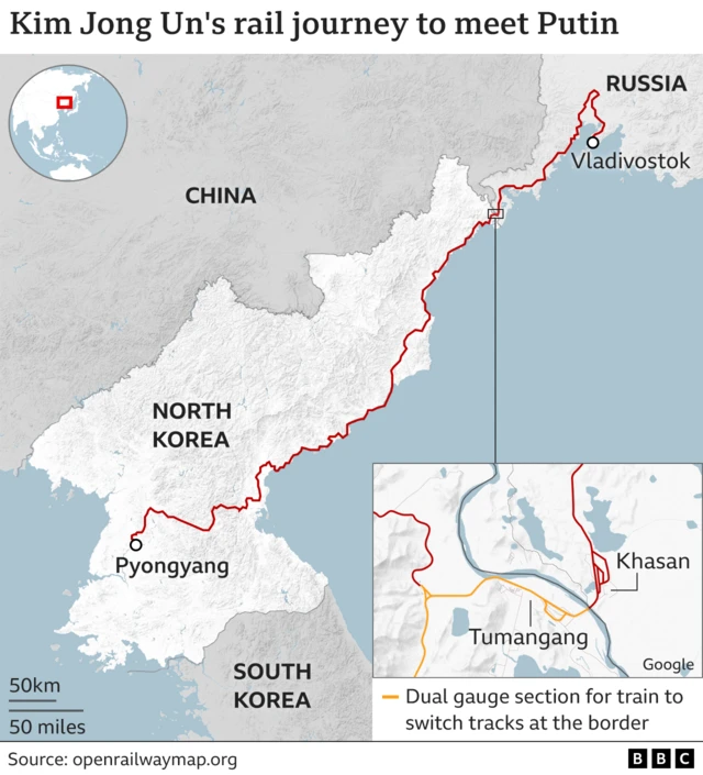 A map showing Kim Jong Un's rail journey from North Korea to Russia to meet Vladimir Putin