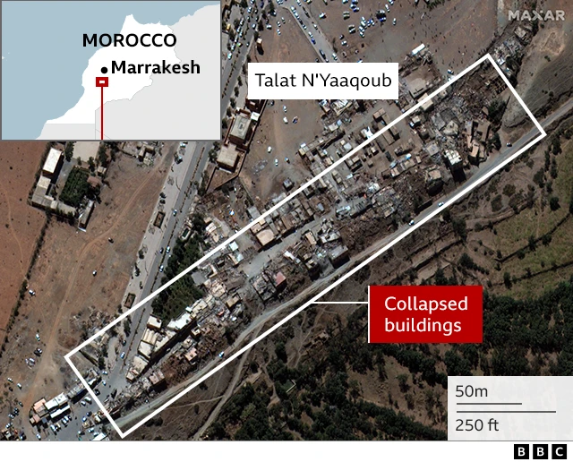 Satellite images show rows of buildings in Talat N’Yaaqoub that collapsed as a result of the earthquake