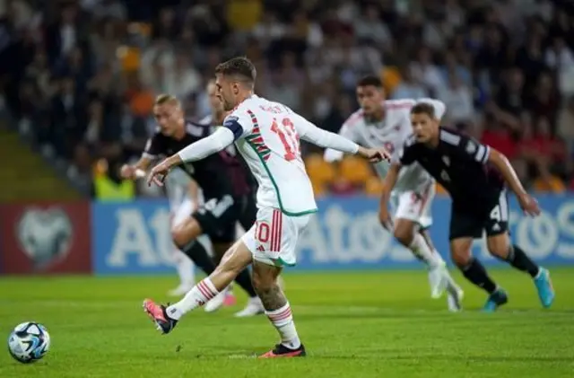 Aaron Ramsey scores a penalty for Wales against Latvia