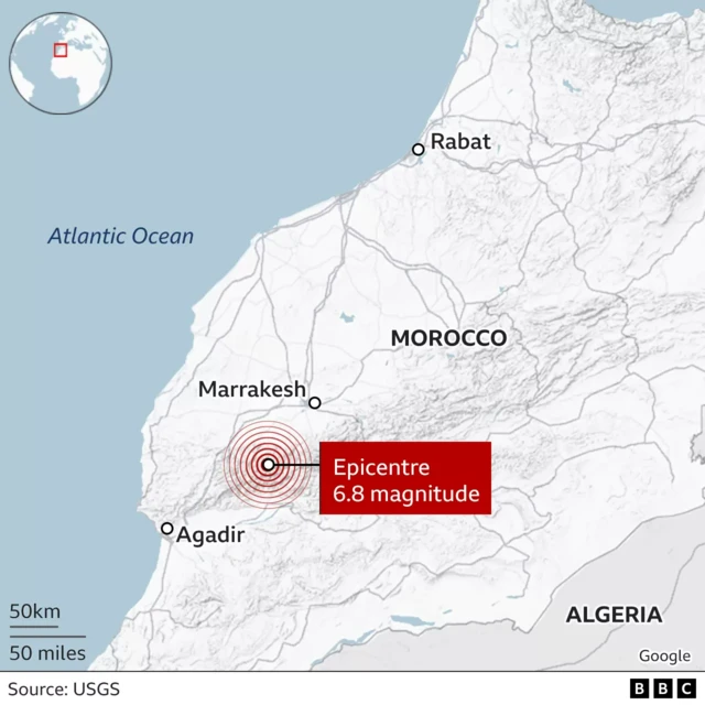 A map shows the epicentre south of Marrakesh on Morocco's west coast