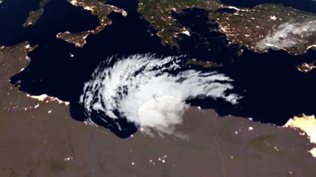 A satellite image of the storm making landfall in Libya