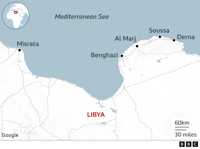 A map of Libya, showing key coastal posts affected by floods