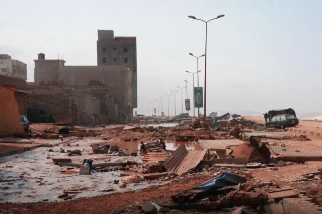 A view of devastation in disaster zones after the floods caused by the Storm Daniel ravaged the region, on September 11, 2023, in Derna, Libya.