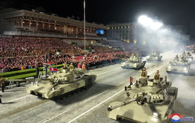 A view of tanks displayed during a military parade to commemorate the 70th anniversary of the Korean War armistice in Pyongyang, North Korea, July 27, 2023