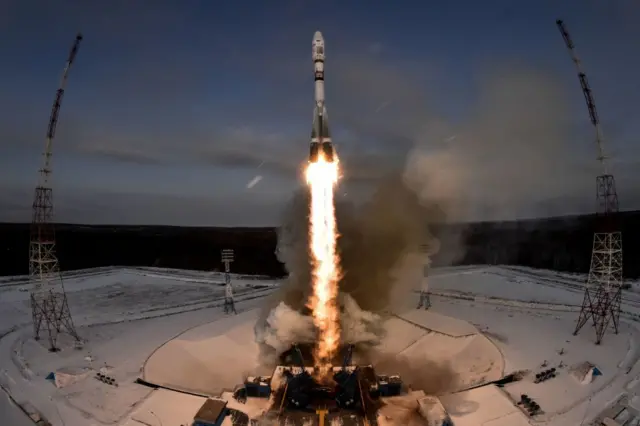 A rocket lifting off from a launch pad at the cosmodrome in 2017