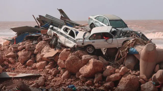 A view of devastation in disaster zones after the floods caused by the Storm Daniel ravaged the region, on September 11, 2023, in Derna, Libya.