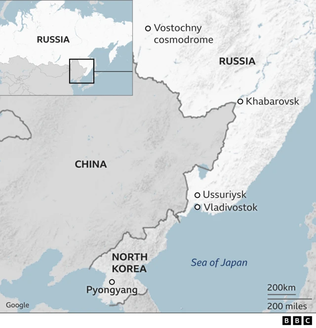 Map showing locations in Russia's far east including Vladivostok and Vostochny