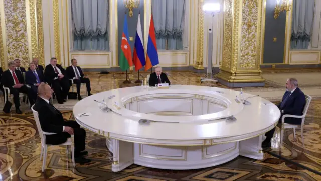 Russia's President Vladimir Putin meets with Armenia's Prime Minister Nikol Pashinyan and Azerbaijan's President Ilham Aliyev on the sidelines of the Eurasian Economic Union summit in Moscow on 25 May 2023