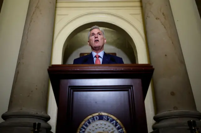 Speaker of the House Kevin McCarthy (R-CA) announces an impeachment inquiry against President Joe Biden to members of the news media outside his office at the US Capitol on September 12, 2023 in Washington, DC