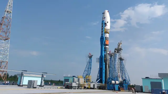 A rocket stands on its launch pad in the Vostochny space centre