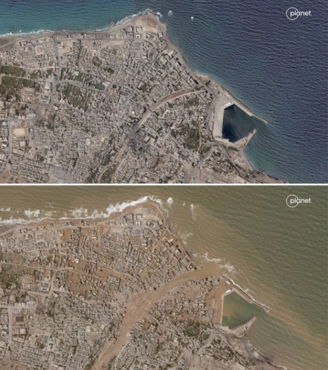 A combination image of satellite photos (2 September and 12 September 2023) shows an area before and after a powerful storm and heavy rainfall hit the country, in Derna, Libya. In the second photo much of the area is destroyed and the river has burst its banks, with muddy water flooding the sea