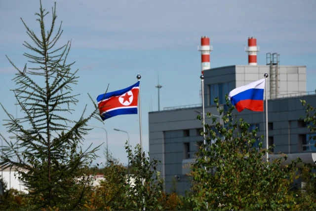 The flags of North Korea and Russia hoisted in front of Vostochny Cosmodrome ahead of the Kim-Putin summit