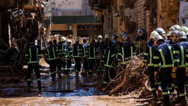 Members of the rescue team from the Egyptian army inspect the damaged areas in Derna, Libya - 13 September 202