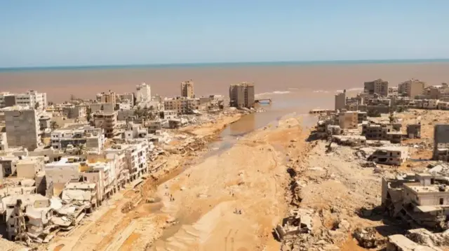 Image of Derna showing where river flooded as it reached the sea