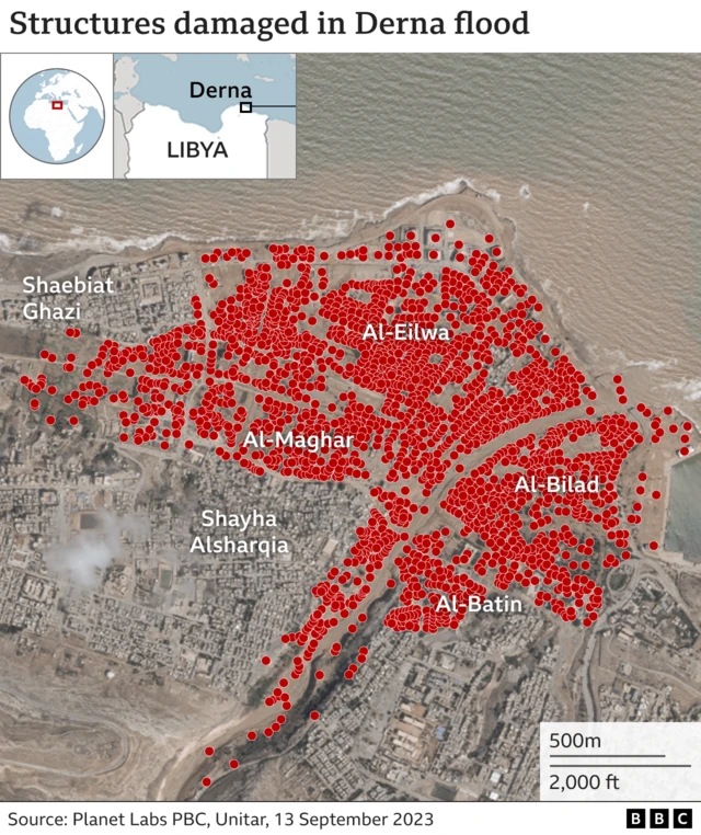 Graphic showing properties damaged in the Derna flood