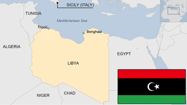 Map showing locatuion of Libya in North Africa, bordered by Egypt to the east, Algeria and Tunisia to the East, Niger and Chad to the South and the Mediterranean sea to the north. It shows the capital Tripoli being located on the north west coast and the city of Benghazi on the north east coast.