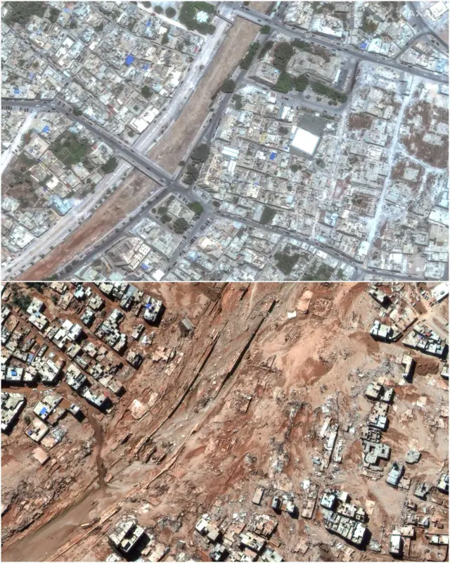 The top image shows Derna, where the river neatly bisects the city. Below, what remains is a muddy ruin