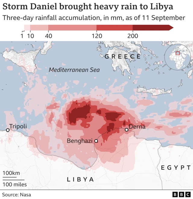 Map showing the heavy rainfall over northern Libya and highlighting Derna and Benghazi