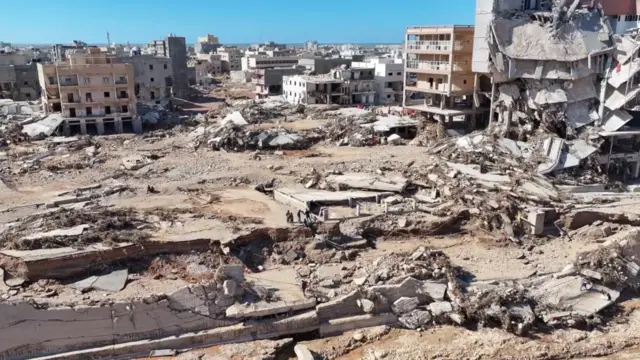 The remains of collapsed buildings following the flood in Derna 13 September 2023.