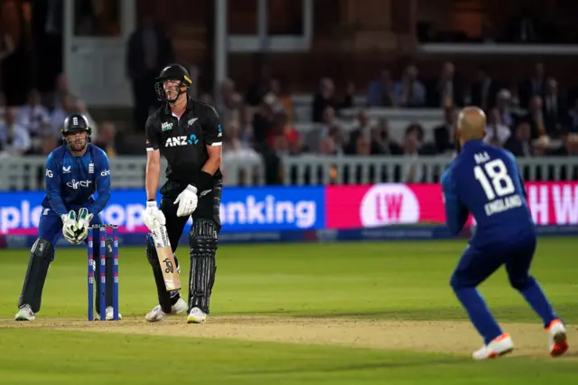 New Zealand's Kyle Jamieson bowled and caught out by Englands Moeen Ali during the fourth Metro Bank One Day International match at Lord's, London