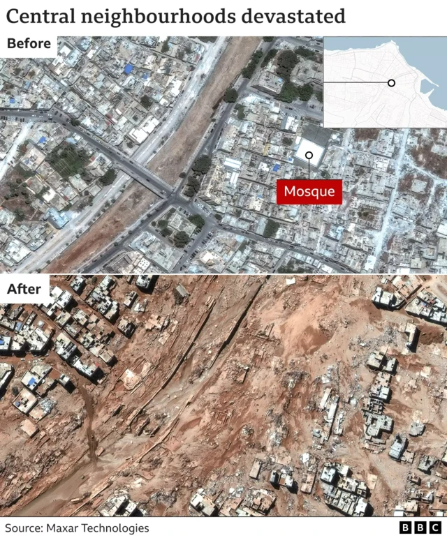 An annotated before and after shows entire river banks swept away in Derna