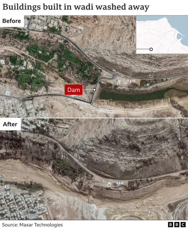 Before and after images showing the destruction of one of the dams on the river