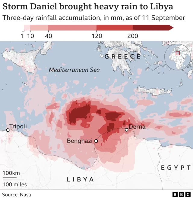 A map showing the rainfall brought by Storm Daniel to Libya