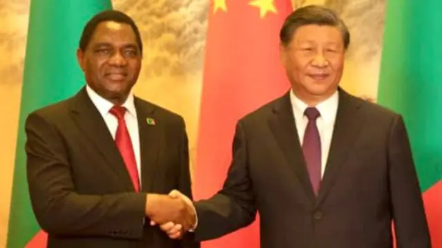 Zambian President Hakainde Hichilema and his Chinese counterpart Xi Jinping in Beijing, at the Great Hall Of The People in Beijing on 15 September