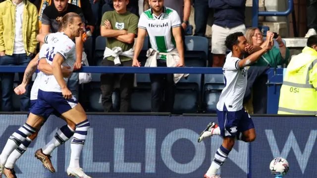 Preston celebrate taking the lead against Plymouth