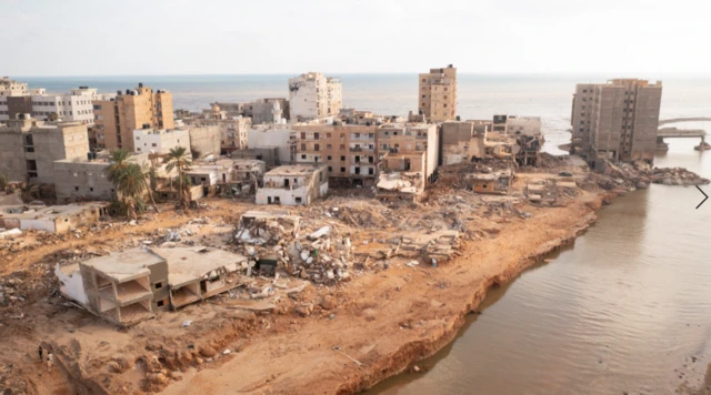 An aerial view shows the destruction in the aftermath of the floods in Derna on 16 September