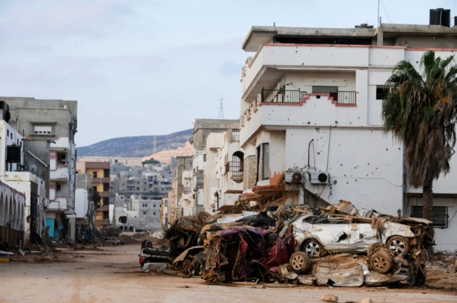 Destroyed cars like in a heap in Derna