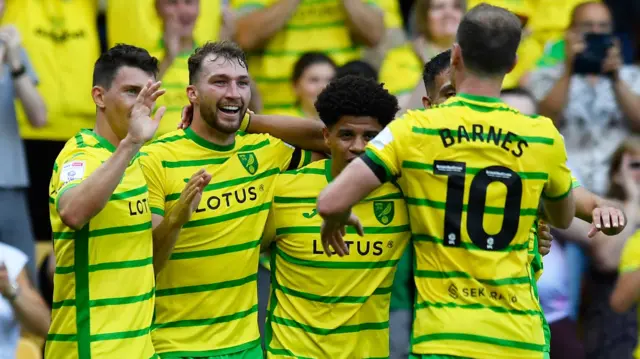 Norwich celebrate Jack Stacey's goal against Stoke