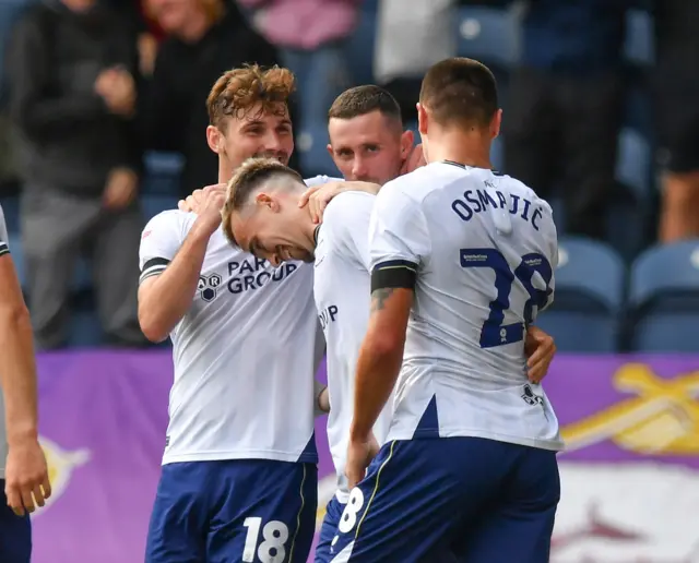 Preston celebrate Liam Millar's goal against Plymouth