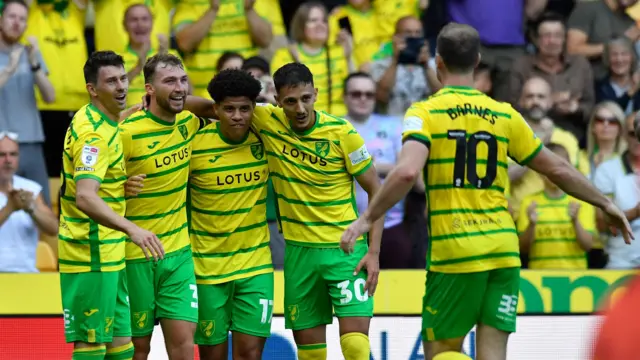 Norwich celebrate Jack Stacey's winner against Stoke