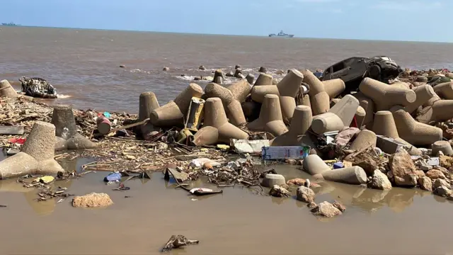 Seafront in Derna with damage from flash floods