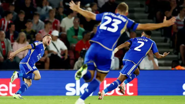 Jamie Vardy (left) celebrates scoring Leicester City's first goal against Southampton