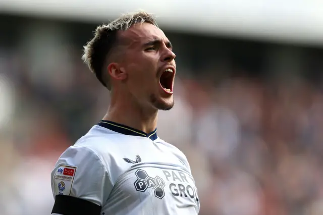 Liam Millar celebrates scoring Preston's second goal against Plymouth