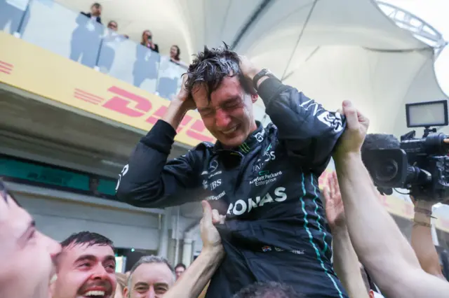 George Russell celebrates winning the Sao Paulo Grand Prix in 2022