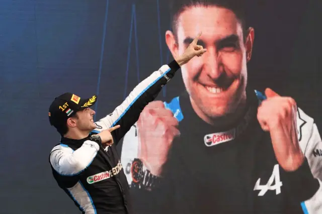 Esteban Ocon celebrates winning the Hungarian Grand Prix in 2021