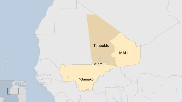 A map of Mali showing the town of Léré in the Timbuktu region, plus the capital city of Bamako.