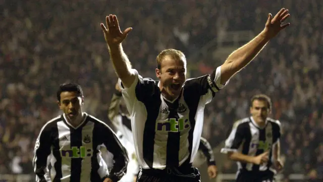 Alan Shearer celebrates scoring against Dinamo Kiev