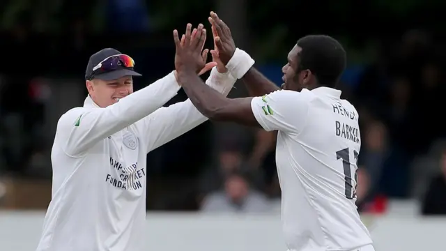 Keith Barker takes a wicket for Hampshire