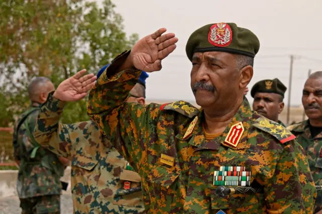 Sudanese army chief Abdel Fattah al-Burhan visits the Flamingo Marine Base in Port Sudan on August 28, 2023.