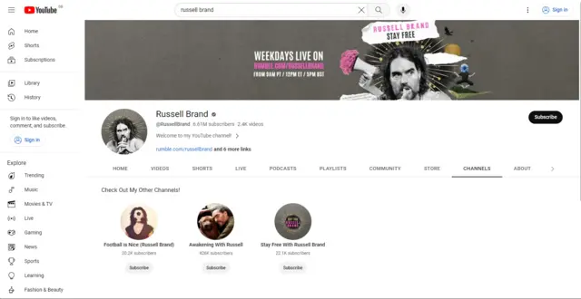 Screen grab of Russell Brand's YouTube channel