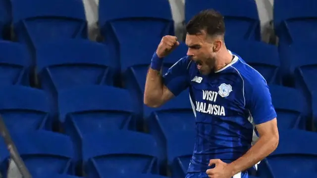 Dimitrios Goutas celebrates for Cardiff